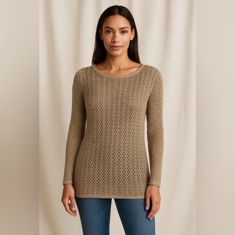 🌾 Chico’s Tan Crochet Long Sleeve Tunic Top – Size 0